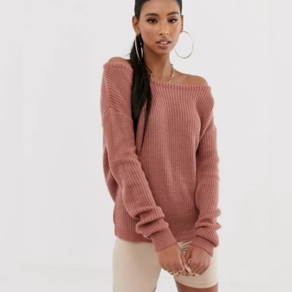 Missguided pink off shoulder chunky knit long sleeve sweater top S - Picture 5 of 15